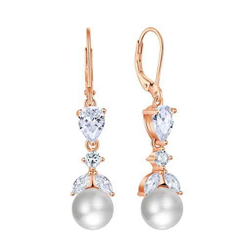 Fataci Women Bridal Wedding Earrings Rose Gold Plated Mother Of Pearl Dangle & Drop Earrings With 5A Cubic Zirconia For Brides Bridesmaids Proms Jewerly Gifts #TOP1