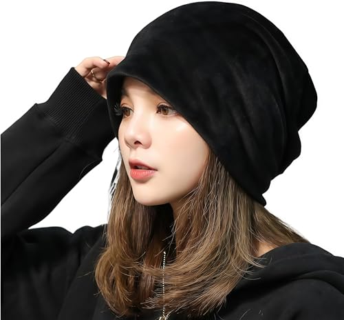 Velvet Slouchy Beanie Hat, Winter Warm Velvet Cap, Soft Casual Style (5398, Black)