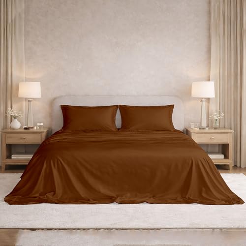Image of Filbert Satin Bedsheet with 2 Pillow Covers | 90x100 in |300 TC | Midnight Luxe Satin Dreams Collection for Double Bed | UltraSatin Premium Bedding Set | Chocolate