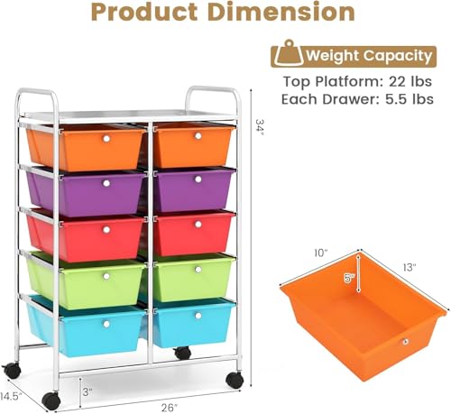 Image of LDAILY 10 Drawer Rolling Cart, Storage Cart Organizer on Wheels, Drawer Cart with Metal Frame & Large Storage Capacity, Rolling Cart with Drawers for Living Room Classroom, Office