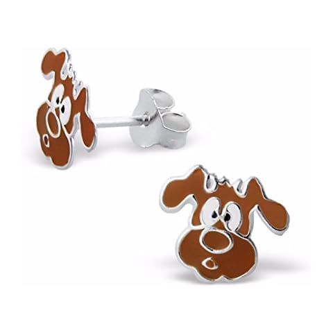 Silvadore - 925 Sterling Silver Childrens Stud Earrings - Dog Pet Animal Cute Face Brown - Butterfly Clasp - Gift Boxed Cover
