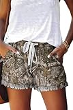 YOCUR Womens Denim Shorts Colored Flowy Fashion Board Elastic Waist Fringe Drawstring Lounge Size Jean Shorts Forest Camo L