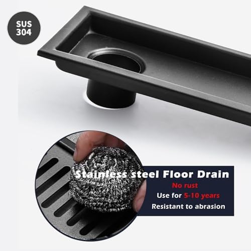4 Inch Wide Stainless Steel Linear Shower Drain - Odor Proof Floor Grate with Hair Catcher & Removable Cover, Matte Black, 60x10cm (23.6"x3.9") - Perfect for Bathrooms, Kitchens & Outdoor Use
