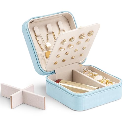 Vlando Small Travel Jewellery Box, Faux Leather Travel Jewellery Case for Earring,Ring,Necklace with 16 Earring Holes,Gift for Women (Blue) C.Earring Blue