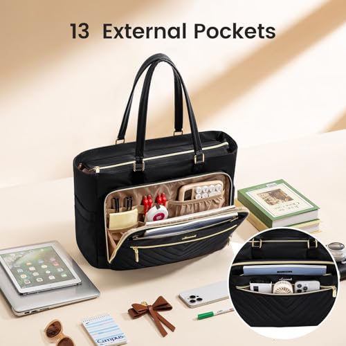 Image of LOVEVOOK Laptop Tote Bag for Women, Work Bag Teacher Tote with Large Cup Holder, Quilted Nurse Diaper Bag for Travel, Computer Women's handbags for Teacher gift, Black, 15.6 Inch