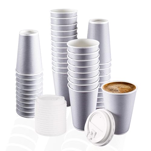 Nicole Home Collection Double-Walled Insulated Ripple Paper Disposable Cups With Lids For Hot Beverage, Pack of 30 Coffee Cup, 12 oz, Silver