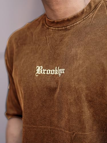 Image of Maniac Mens Acid Wash Printed Brooklyn Round Neck 3 /4th Sleeve Cotton T-Shirt for Men