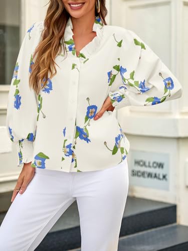 Tankaneo Womens Floral Ruffle Blouses Dressy Casual Long Puff Sleeve Boho Tops V Neck Button Down Shirts2