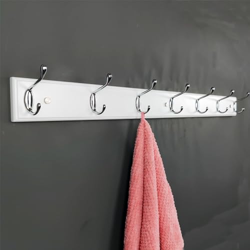 lomejii Long Wooden Wall Coat Rack White Wood 7 Silver Hooks, 90 cm, Strong Wall Coat Hook Rail for Coat Hat, Bag - Image 4