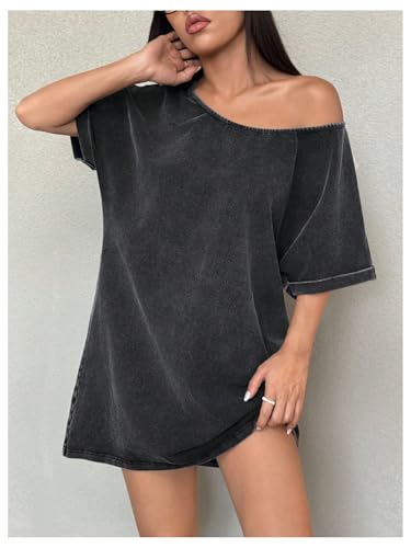Verdusa Women's Off The Shoulder Mini Dresses Vintage Washed Going Out T Shirt Dress Summer Festival Outfits3