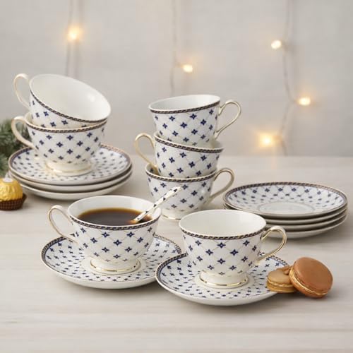 Image of White Cup with Saucer Set of 12 Pcs | Tea /Coffee Cups 180 ml | Microwave & Dishwasher Safe | Bone-Ash Free | Crockery Set Ideal for Daily Use & Gifting, White Gift Set