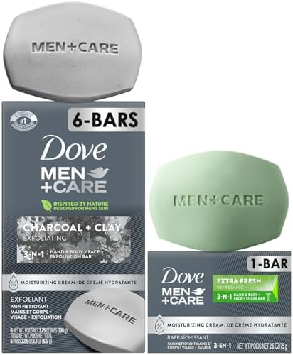 Dove Men+Care Body + Face Bar Pack (6 Large Bars) + Travel-Size Soap Bar – Exfoliating 3-in-1 Charcoal Soap with Clay for Skin Care, Hands & Shaving