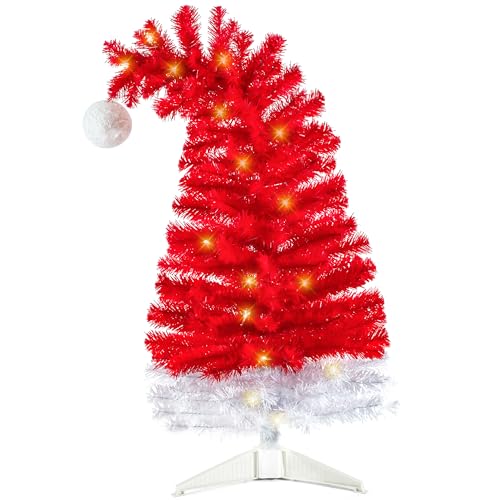 3ft Prelit Christmas Santa Hat Tree - 48inch Red Tree with Warm LED Lights - Small Artificial Holiday Decor for Home or Office