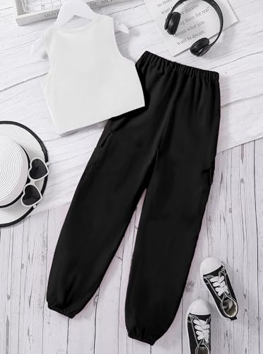 Image of Girls 2 Piece Outfit Set for Tween Girls, Sleeveless Crop Tank Top & Cargo Pants Jogger Set