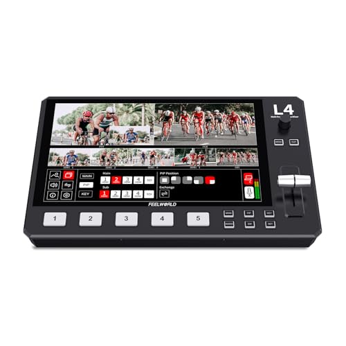 FEELWORLD L4 Multi Camera Video Mixer Switcher with 10.1 Inch Touchscreen Chroma Key 4X HDMI 1x SDI Input USB3.0 Output 5 Channel Real Time Production Live Streaming