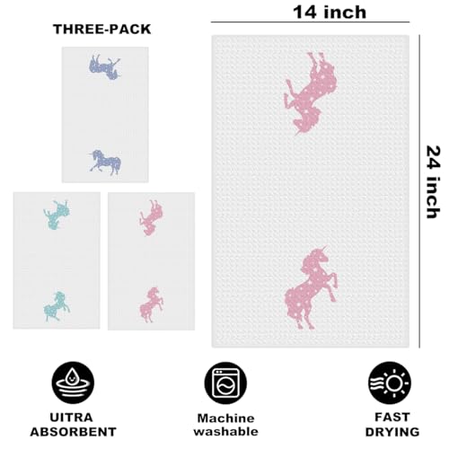 Image of 3 Pcs Tide Tales Unicorn Kitchen Towels, Unicorns Decor Reusable Dish Towel | Waffle Weave Hand Cloth Tea Towel for Kitchen Bathroom Home Decor, Unicorn Lover Gifts for Women Friend Girls 24x14 Inch
