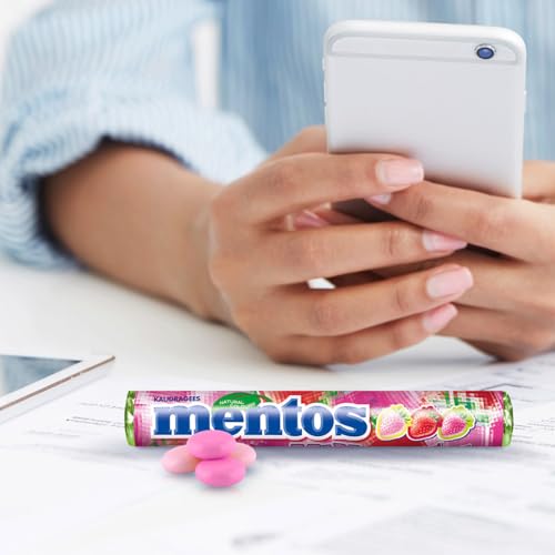 Mentos Erdbeere-Mix Dragees, süß-saure Frucht-Bonbons, fruchtig-spritzige Kaubonbons, Süßigkeiten Multipack (40 Rollen), vegan 3