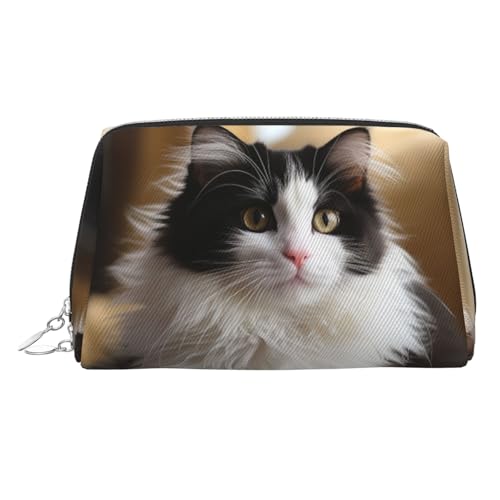 FZQVSLCM トラベルメイクアップバッグ、財布用防水メイクアップバッグ、女性用レザートイレタリーバッグ オーガナイザー 白と黒の子猫 座っているメイクアップポーチ ジッパー付きメイクアップバッグ 旅行用, シルバー, One Size