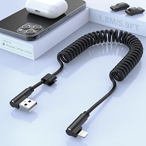 MTAKYI iPhone Spiral Charging Cable, 90 Degree Right Angle Apple Charging Cable [MFi Certified & Car Play Compatible] Data Transmission Coiled USB Cable, Suitable for iPhone 13/12/11/SE/Xs/Xr/8/7 Plus