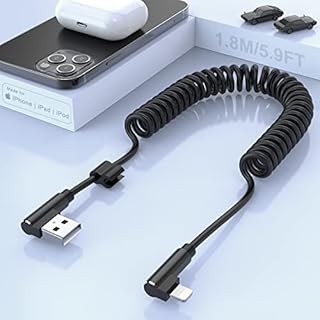 MTAKYI iPhone Spiral Charging Cable, 90 Degree Right Angle Apple Charging Cable [MFi Certified & Car Play Compatible] Data Transmission Coiled USB Cable, Suitable for iPhone 13/12/11/SE/Xs/Xr/8/7 Plus