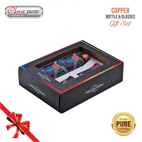 Image of Classic Steels Elegant Ethnic Green Copper Water Bottle Set with 2 Glasses - 1L Capacity | Best Gift For Diwali, Wedding Anniversary And All Other Occasions. (Blue Floral Copper Bottle Set)
