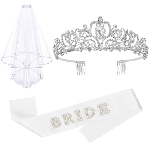 CUBACO 3PCS Bachelorette Party Decorations for Wedding Gifts, Silver Crown+Wedding Veil+Bride Sash,Bachelorette Outfit for Bride Bridal Shower Decorations Engagement Costume Party Favors