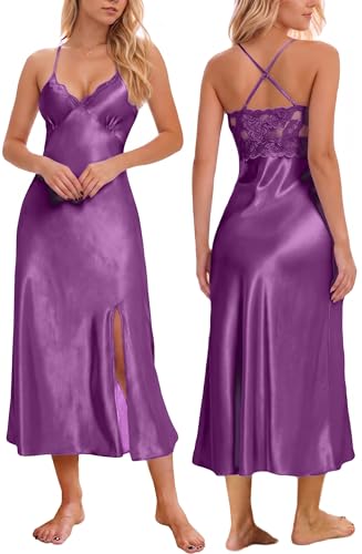 Image of ALCEA ROSEA Women Silk Satin Nightgown Sexy Lace Chemise Lingerie Long Sleepdress for Ladies Sleepwear Slip Negligee