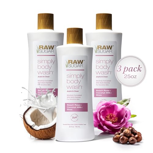 RAW SUGAR Simply Body Wash, Beach Rose + Coconut Milk + Shea (25 Fl Oz, Pack of 3) Sensitive Skin Bath Soap, Formulated without SLS/SLES & Parabens…