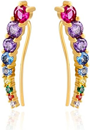 Crawler Earring for Women, Climber Earrings 9 Crystals Ear Cuffs Hypoallergenic Earrings Hoop Cartilage 14K Gold Plated Stud Earrings with CZ Jewelry for Mother's Gift Gift Birthday Anniversary (Colorful)