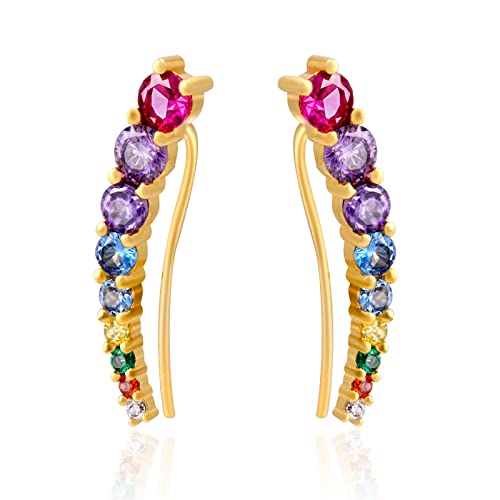 Crawler Earring For Women, Climber Earrings 9 Crystals Ear Cuffs Hypoallergenic Earrings Hoop Cartilage 14K Gold Plated Stud Earrings With Cz Jewelry For Mother's Gift Gift Birthday Anniversary (Colorful) #TOP26