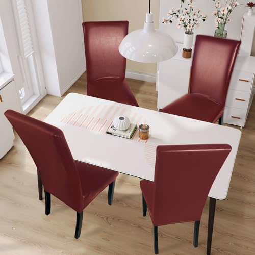 Soft Leather Chair Covers for Dining Chairs Set of 4, Stretch Waterproof Dining Chair Covers Protector Oilproof and Scratch-Proof Parson Chair Covers Modern Style for Kitchen Room(Wine Red, 4Pcs) by Lufyzora - Image 2