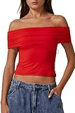 QINSEN Short Sleeve T Shirt Off Shoulder Crop Tops for Women Double Lined Going Out Tops Red XL