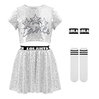 LOLANTA Girls Sequins Dance Outfits, Sparkly Jazz Hip Hop Dance Clothes, Crop Tops with Skirt, Silver, 11-12 Years, 160