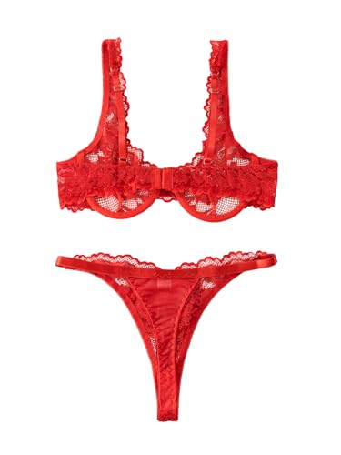 Image of Lilosy Sexy Floral Lace Scallop Underwire Push Up Sheer Lingerie Set Outfits