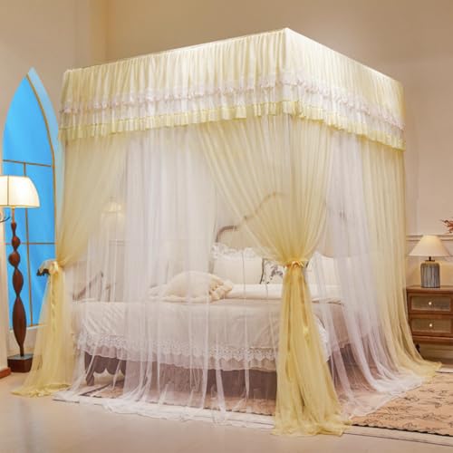 SCMTYWCQ 4 Corners Post Princess Curtain Bed Canopy Elegant Luxurious Lace Decoration Double Layer 3 Opening Mosquito Net Mesh for Girls Bedroom Decoration (Yellow, Twin)
