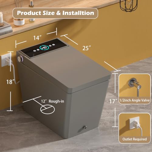 WinZo inodoro inteligente gris con bidé integrado, asiento calefaccionado, sin tanque, autoflush automático, agua tibia instantánea, secador, luz nocturna y pantalla digital para baño, acabado mate gris miniatura 2