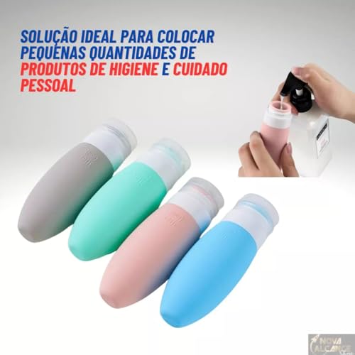 Kit Viagem Frascos Silicone Reutilizáveis - 4 Recipientes Flexíveis Shampoo Condicionador Cremes - D