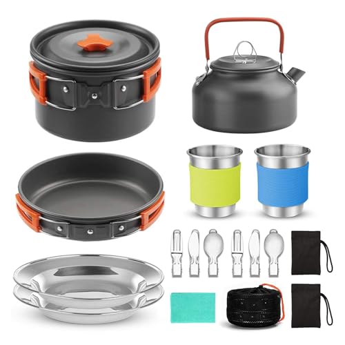 Domary Camping Cookware Set, Outdoor Cooking Equipment for Camping and Hiking, Compact and Lightweight Aluminum Alloy Pot Pan Teapot with Foldable Handles for 2 People (Orange)