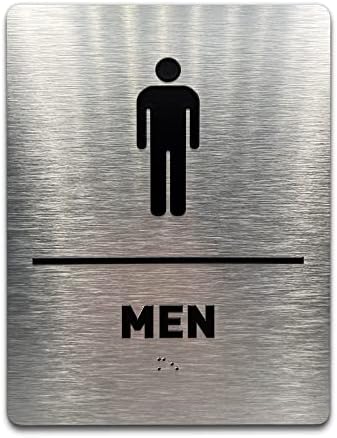 Men Bathroom Sign by GDS - ADA Compliant, Wheelchair Accessible, Raised Icons, & Grade 2 Braille - Includes Adhesive Strips for Easy Installation - 6" W x 8" H (Brushed Aluminum)