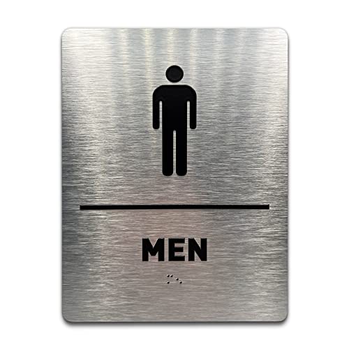 Men Bathroom Sign by GDS - ADA Compliant, Wheelchair Accessible, Raised Icons, & Grade 2 Braille - Includes Adhesive Strips for Easy Installation - Bathroom Signs for Business, Restroom Sign, Restroom Signs for Business - 6" W x 8" H (Brushed Aluminum)