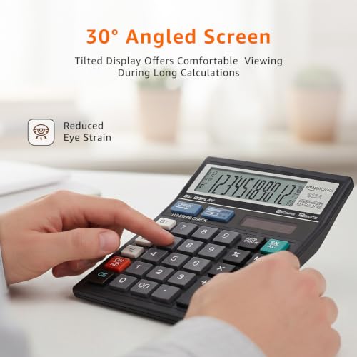 Image of Amazon Basics Electronic Calculator (AB-512A) | 12 Digit Large Display | Dual Power (Solar + AAA Battery) | 30 Angled Screen | Big Button Design | 13 x 13 cm | Black | for Office, School & Home