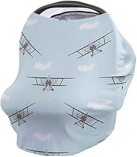 Car Seat Canopy Nursy Cover Airplane, Multi Use Breastfeeding Scarf for Infant Carseat Canopy Stroller Shopping Cart Highchair Old Aircraft Biplanes in Blue Sky Speedy Propellers Wings Retro Design
