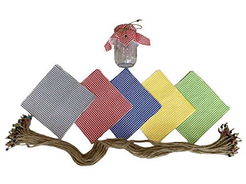 50 Pieces% 100 Cotton Checkered (Gingham) Fabric Jar Lid Cover Cloth- 6.7'' Jar Lid Cover Cloth With 50 Pieces Beaded Jute Rope