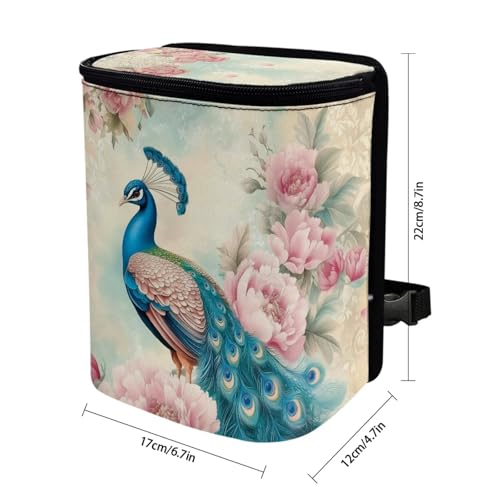 Image of Talayituse Vintage Peacock Flower Print Car Trash Bin, Large Size Auto Trash Can Adjustable Portable Garbage Can with Lid, Vehicle Hanging Bag for Headrest Front Back Seat