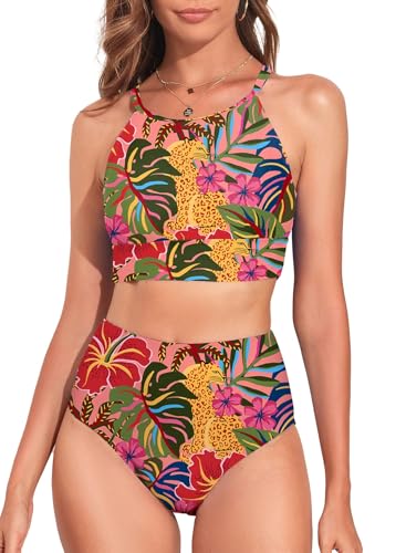 Image of Herseas Women's Bikini Sets High Neck Tropical Leaf Print High Waisted Two Pieces Swimsuits Bathing Suits