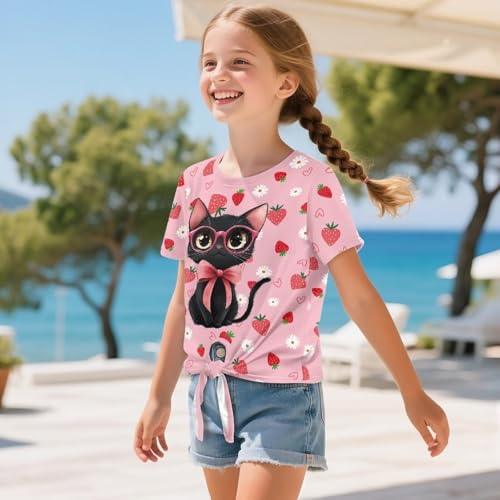 Xhuibop Girls Short Sleeve T-shirt Summer Outfits Tie Bow Front Tops for Kids 5-12 Graphic Tees3