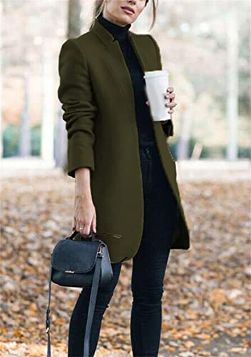 Tyqqu Lady's Mid-Length Long-Sleeved Warm Trench Coat Stand Up Collar Slim Solid Color Blazer Army Green M #TOP3