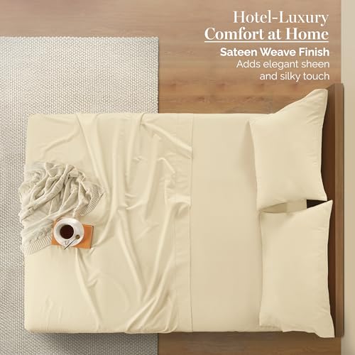 Casa Platino 100% Egyptian Cotton Sheets Twin Size Set - 4 Pcs (1 Flat, 1 Fitted, 2 Pillowcases)- Ultra Smooth Sateen Weave Bed Sheets Set with 15" Deep Pockets - Ivory