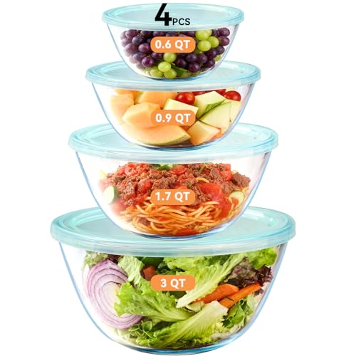 YUANYE 4 Pack Glass Mixing Bowls with Lids Set (3/1.7/0.9/0.6QT),Thick Glass Large Salad Bowl Set, Nesting Kitchen Bowls for Serving, Prepping, Cooking and Baking, Dishwasher, Oven,Microwave Safe