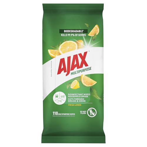 Ajax Eco Antibacterial Disinfectant Surface Cleaning Wipes, Bulk 110 Pack, Fresh Lemon, Multipurpose, Biodegradable and Compostable, Made with Bamboo Fibres